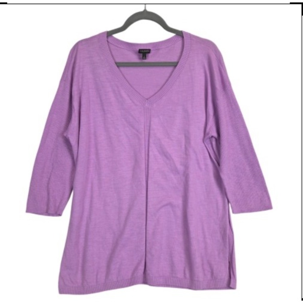 Talbots V-Neck Tunic Sweater Women L Lilac Lightweight Cotton Rib Trim Casual